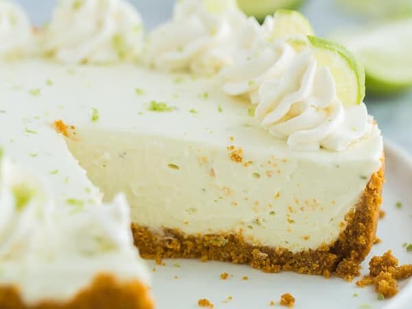 no bake key lime cheesecake on white plate