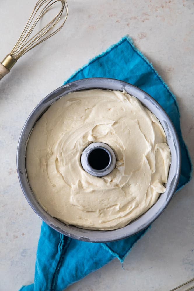 Cream cheese pound cake batter in tube pan