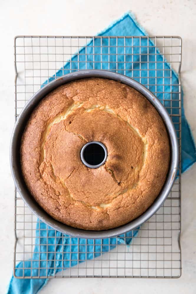 Cream cheese pound cake in pan after baking