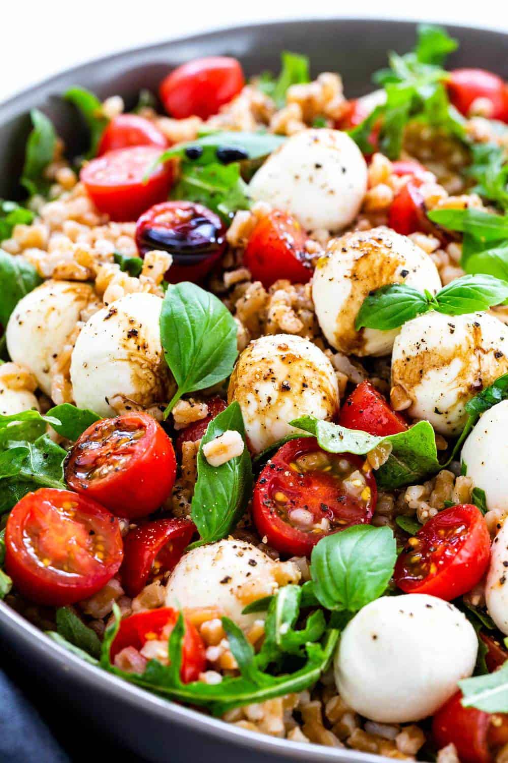 Farro Caprese Salad in a bowl.