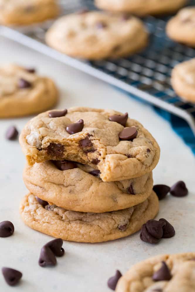 Chocolate chip cookies in a stack.