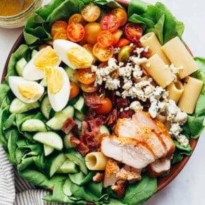 Pasta Cobb Salad served in a large bowl with vinaigrette