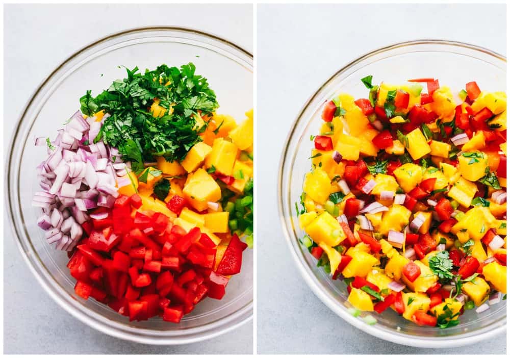 Mango salsa ingredients before and after they are mixed.