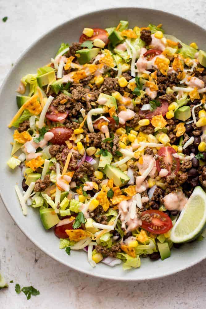 Beef taco salad in a bowl.