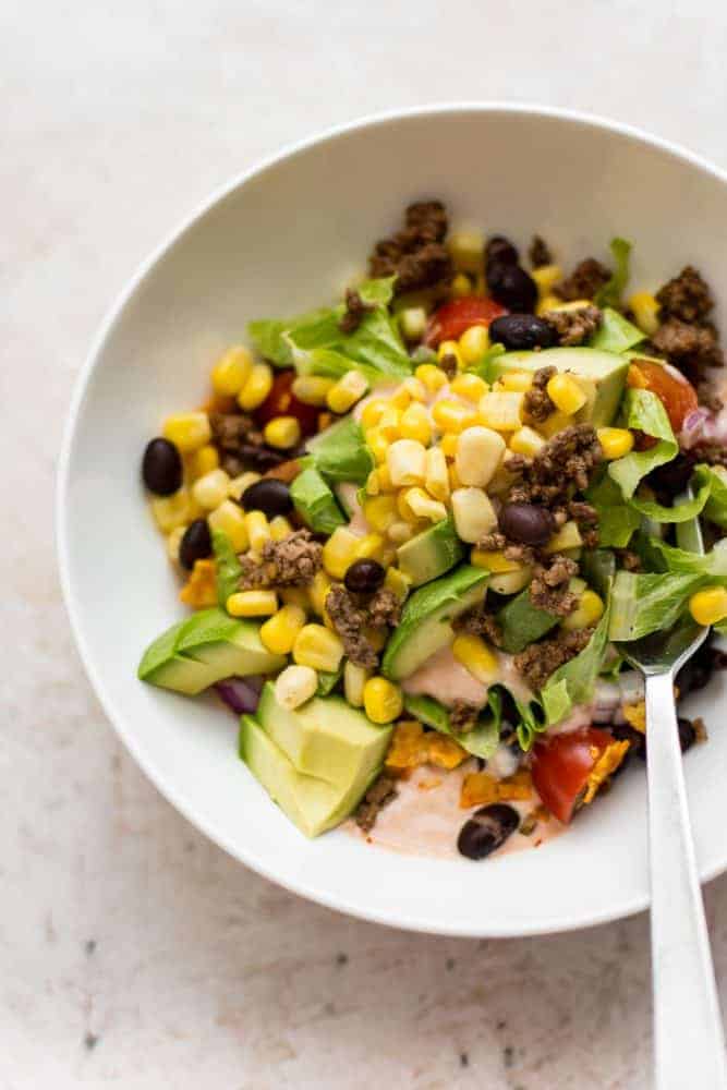Beef taco salad in a bowl.