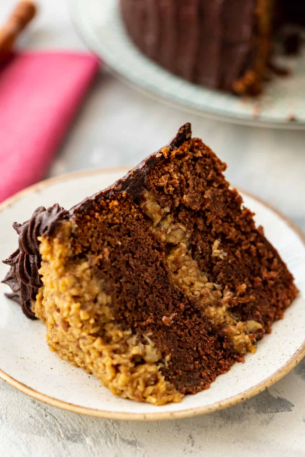 Homemade German Chocolate Cake slice.