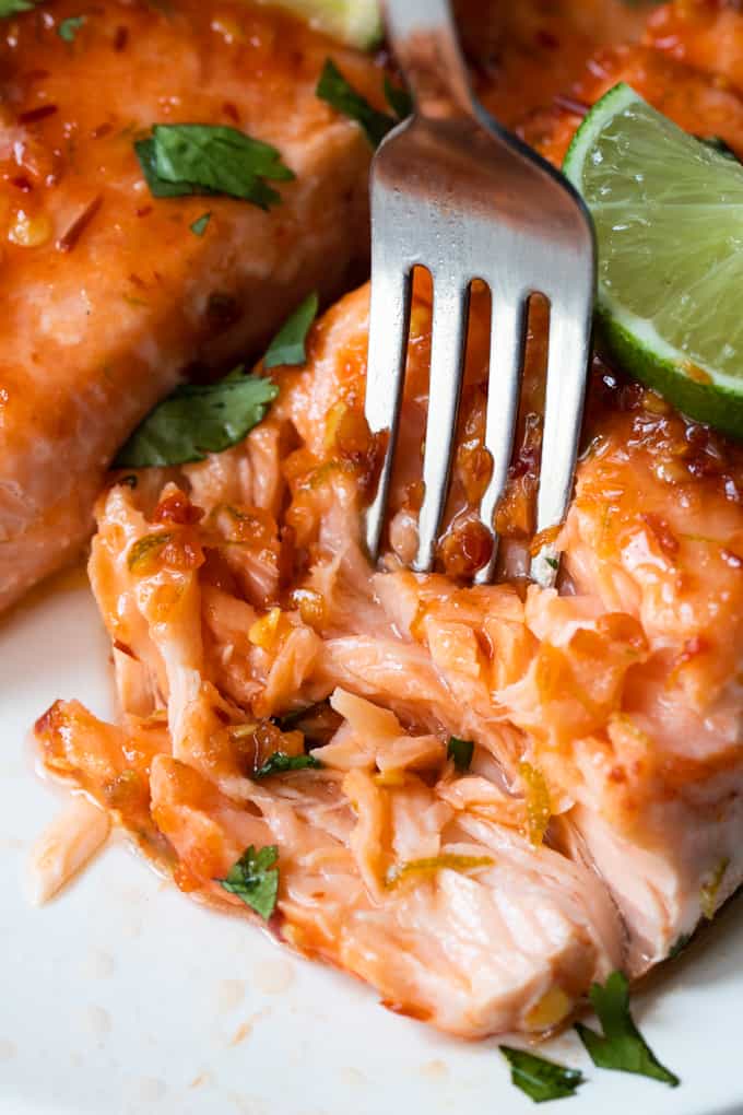 Putting a fork into chile lime salmon.