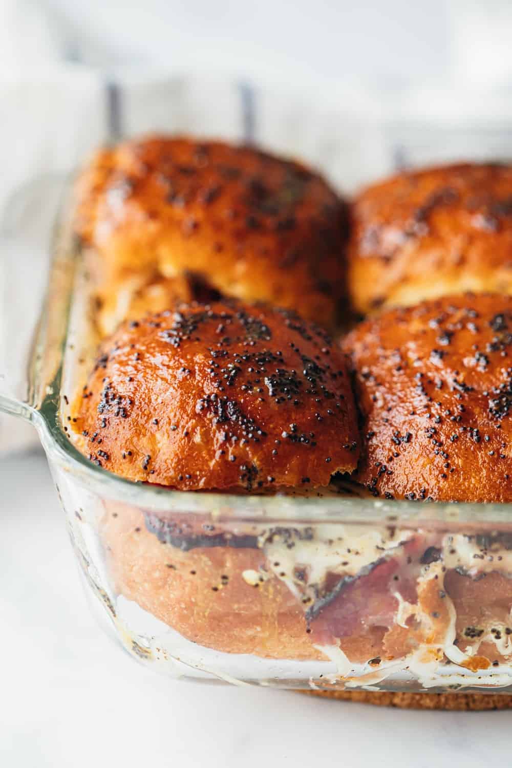 Closeup of Hot Pastrami Sliders