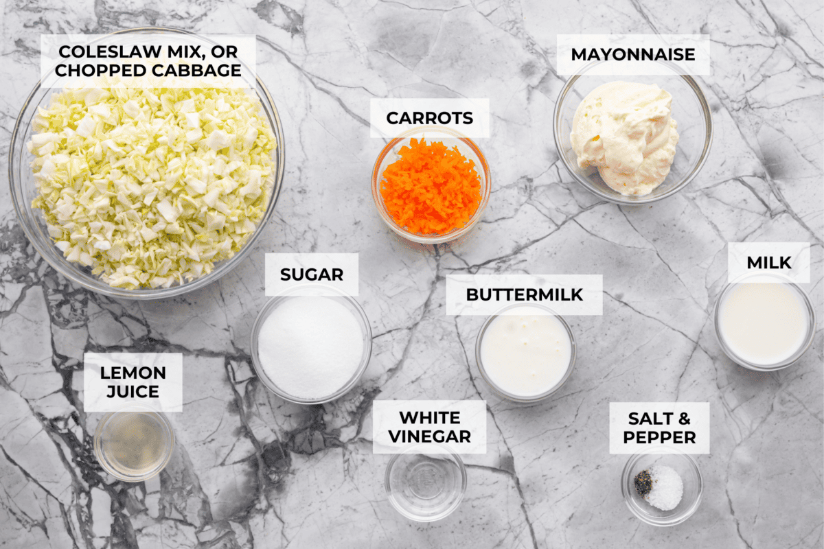 Overhead shot of labeled ingredients. 