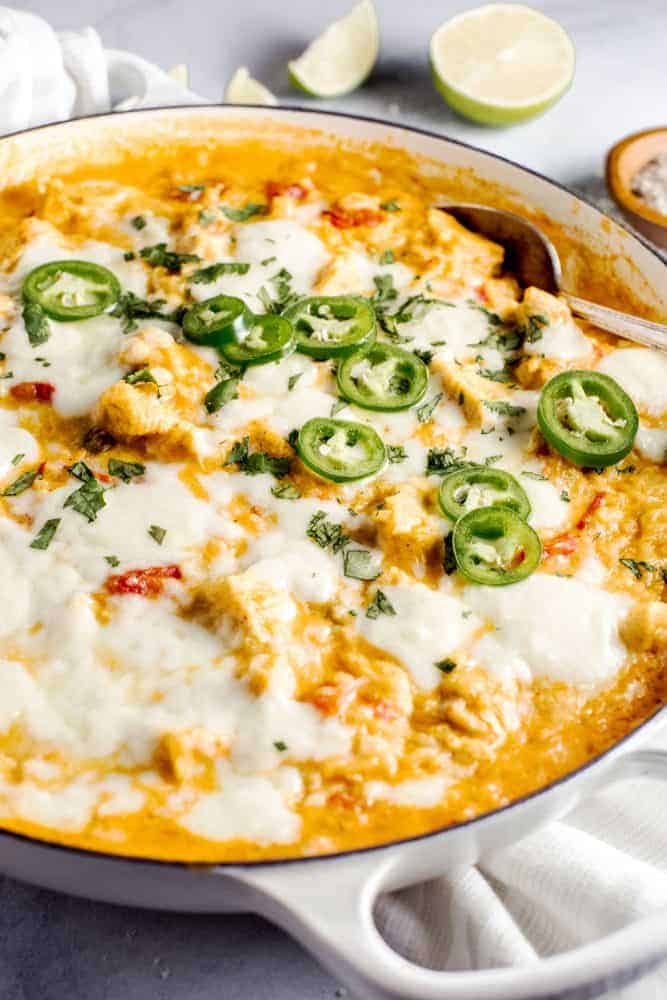 Queso chicken skillet in a pan.