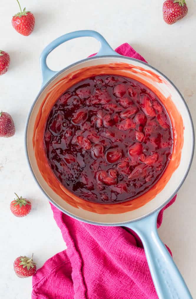 Strawberry sauce in saucepan after cooking