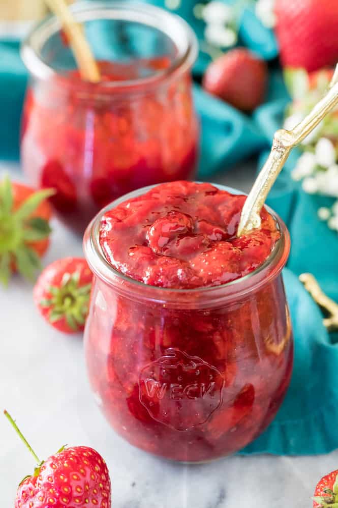 Homemade strawberry sauce in glass jar