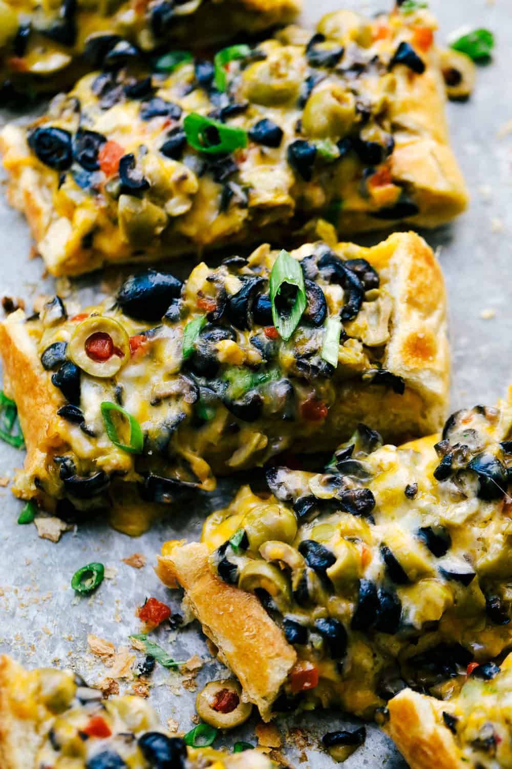Cheesy Olive Bread in rows.