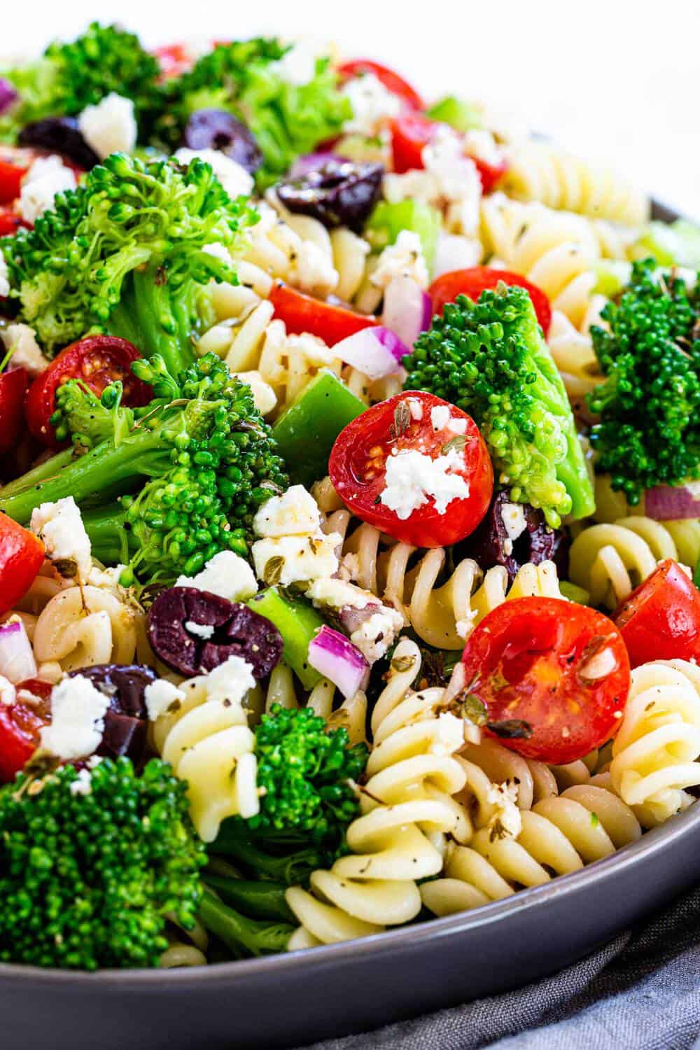 close up of Greek Broccoli Pasta Salad