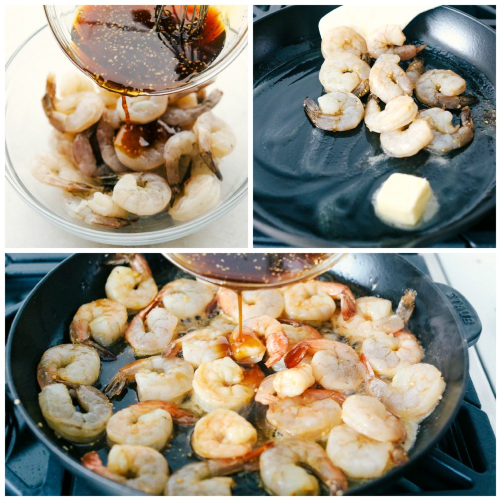 Making the honey garlic butter sauce and marinated the shrimp in it, then cooking the shrimp in a skillet with butter and pouring the remaining honey garlic butter sauce over top the cooking shrimp. 