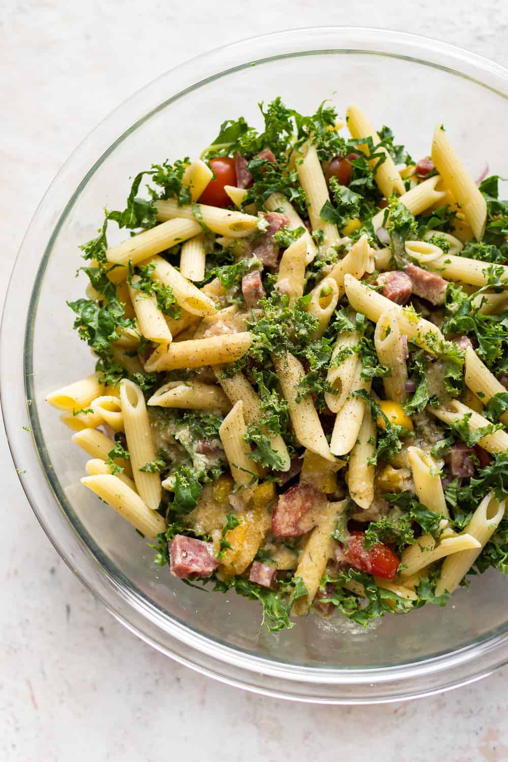 Kale pasta salad in a bowl.