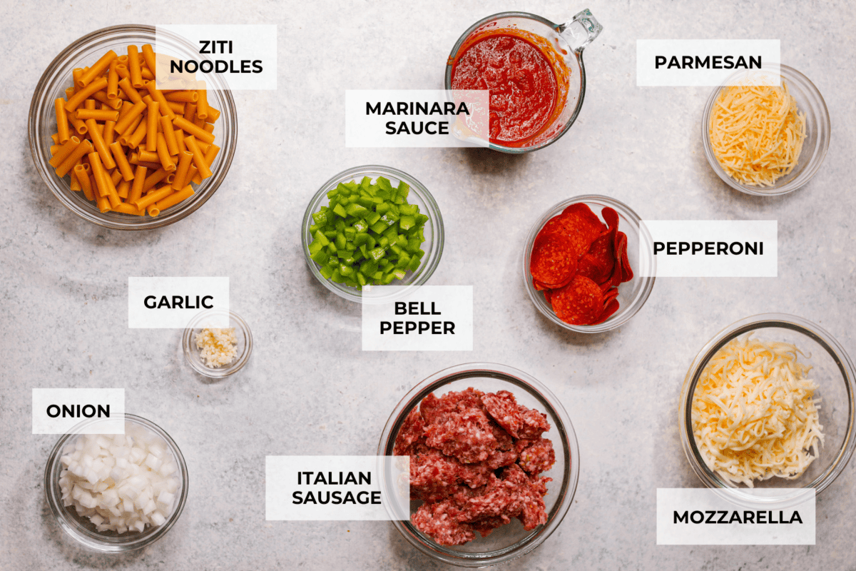 Overhead shot of labeled ingredients.