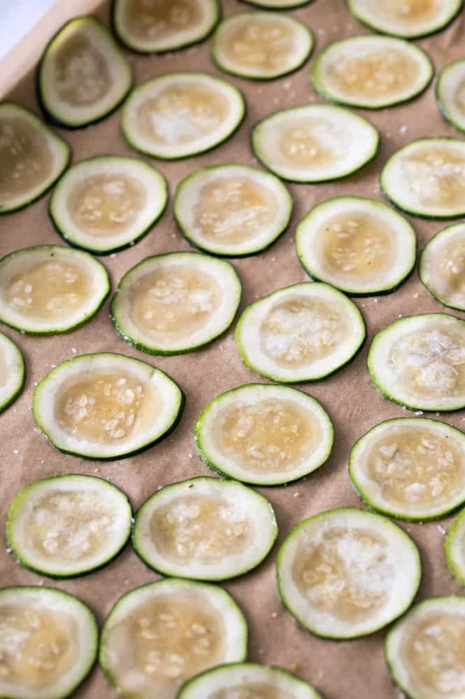 A picture of zucchini chips baking. 