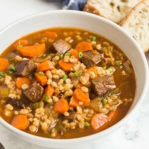 beef barley soup in bowl