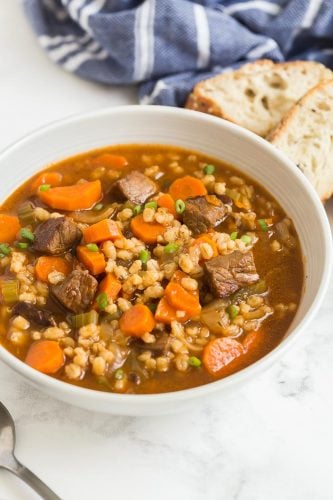 beef barley soup in bowl