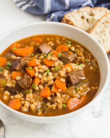 beef barley soup in bowl