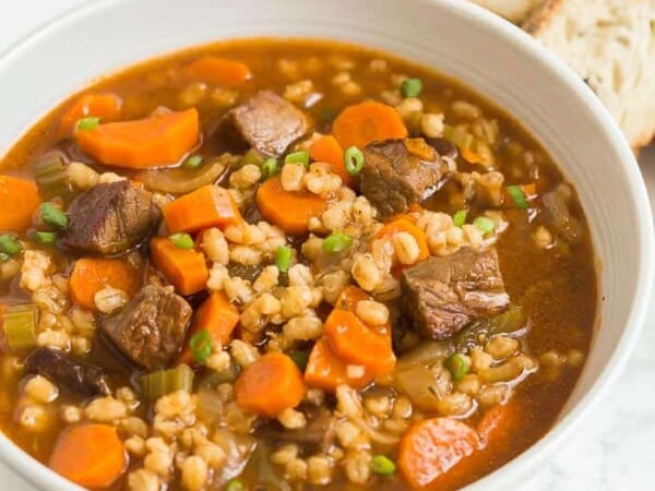 beef barley soup in bowl