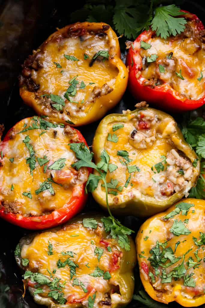 Close up shot of slow cooker stuffed bell peppers. 