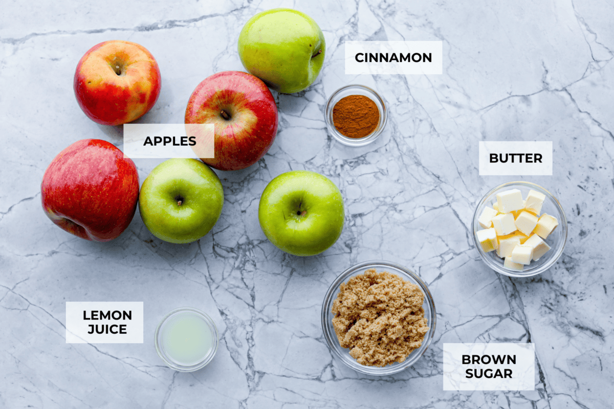 Overhead shot of labeled ingredients. 