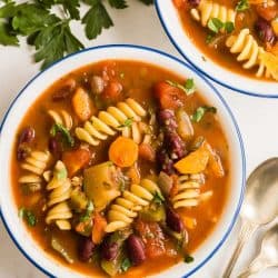 minestrone soup bowls overhead