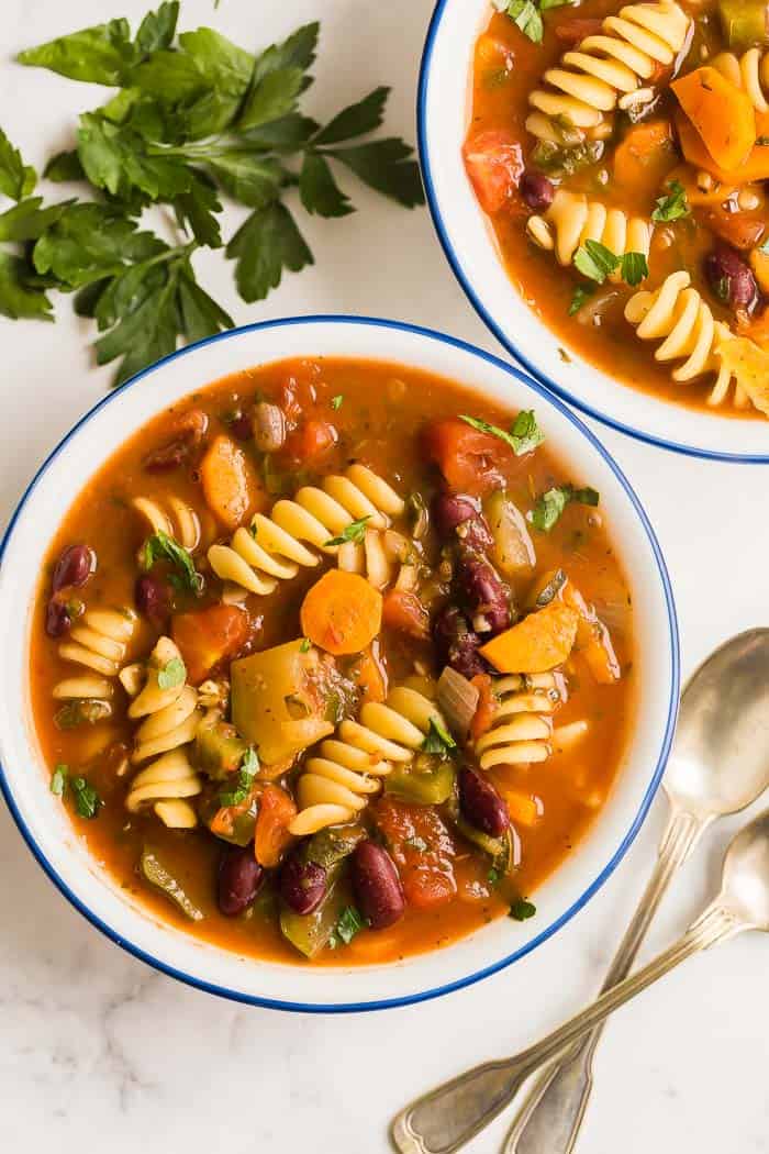 minestrone soup bowls overhead