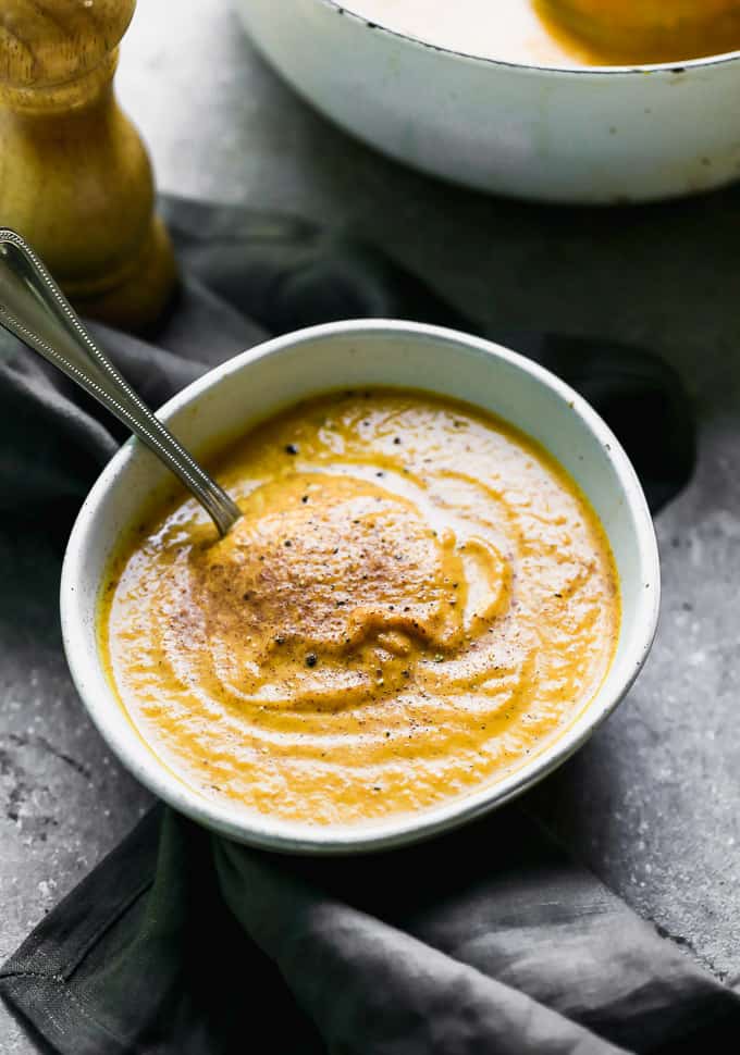 creamy pumpkin soup in a bowl