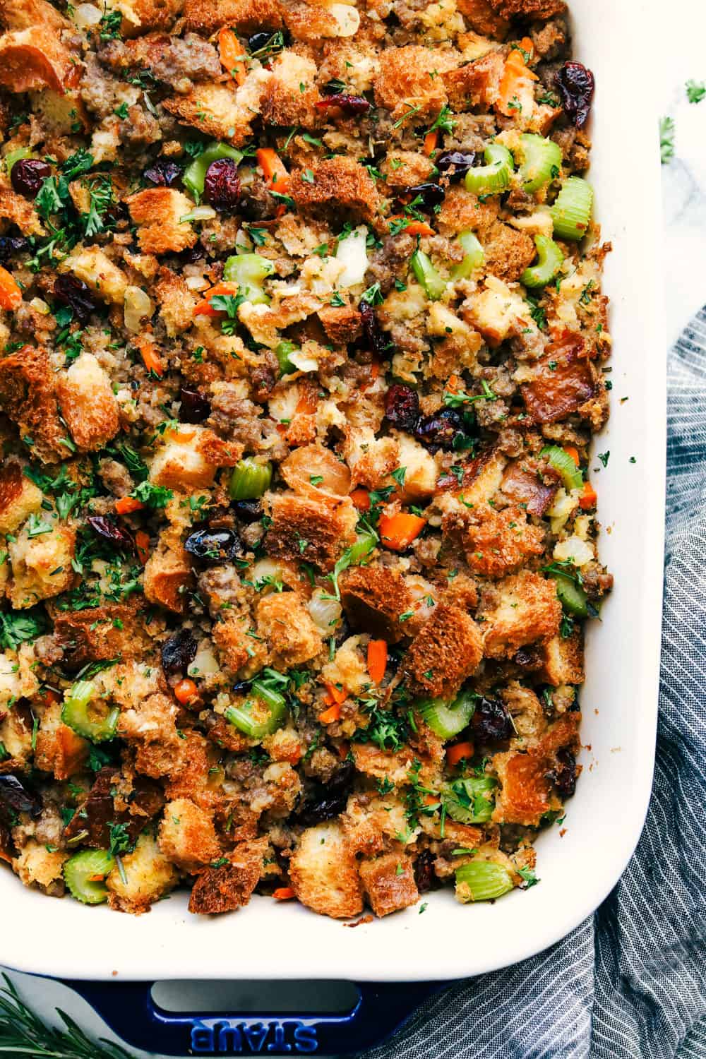 Sausage Herb Stuffing in a dish 