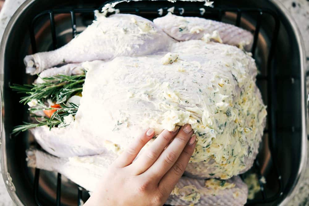 Turkey being basted with herb butter mixture on the outside. 