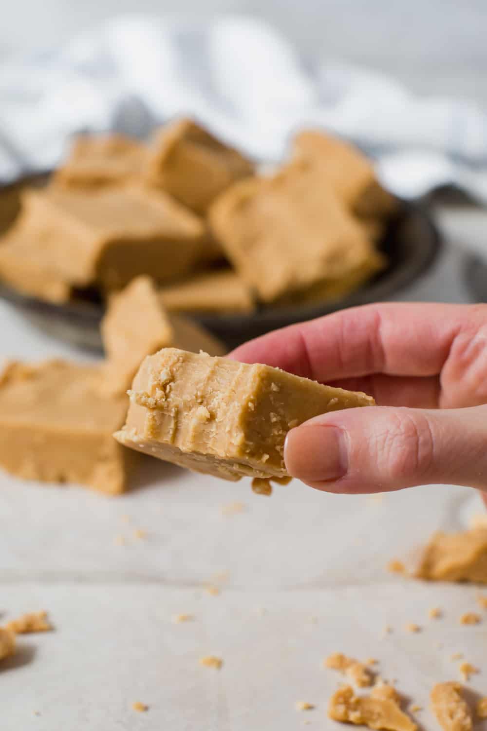 hand holding piece of peanut butter fudge with bit taken out