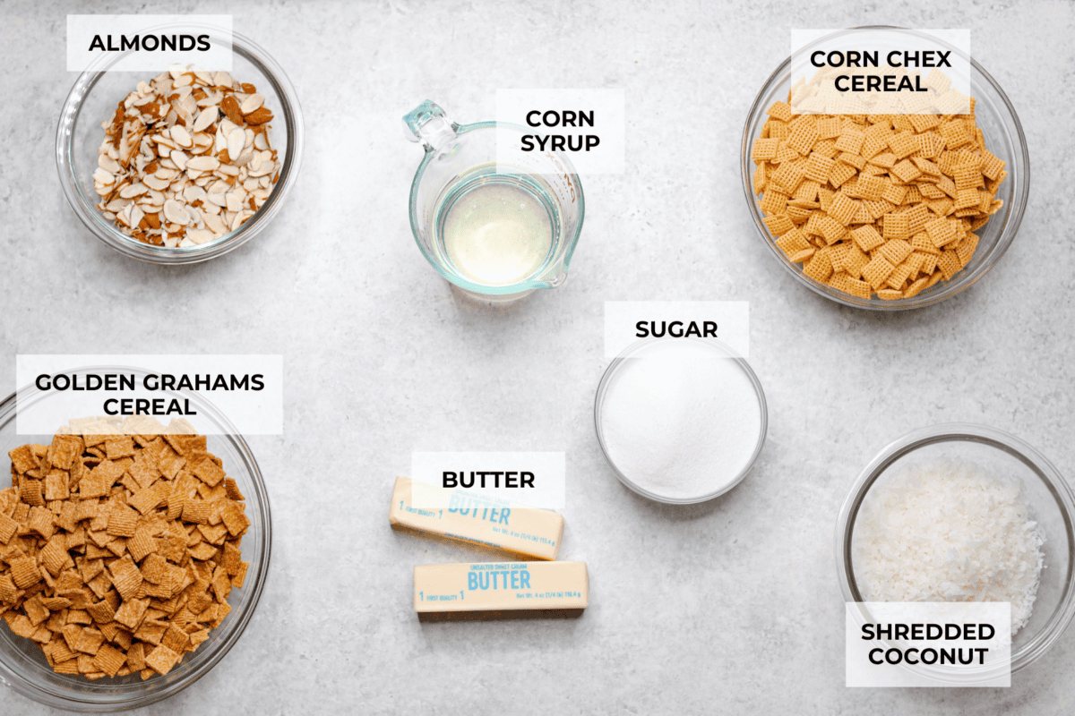 Overhead shot of labeled ingredients. 