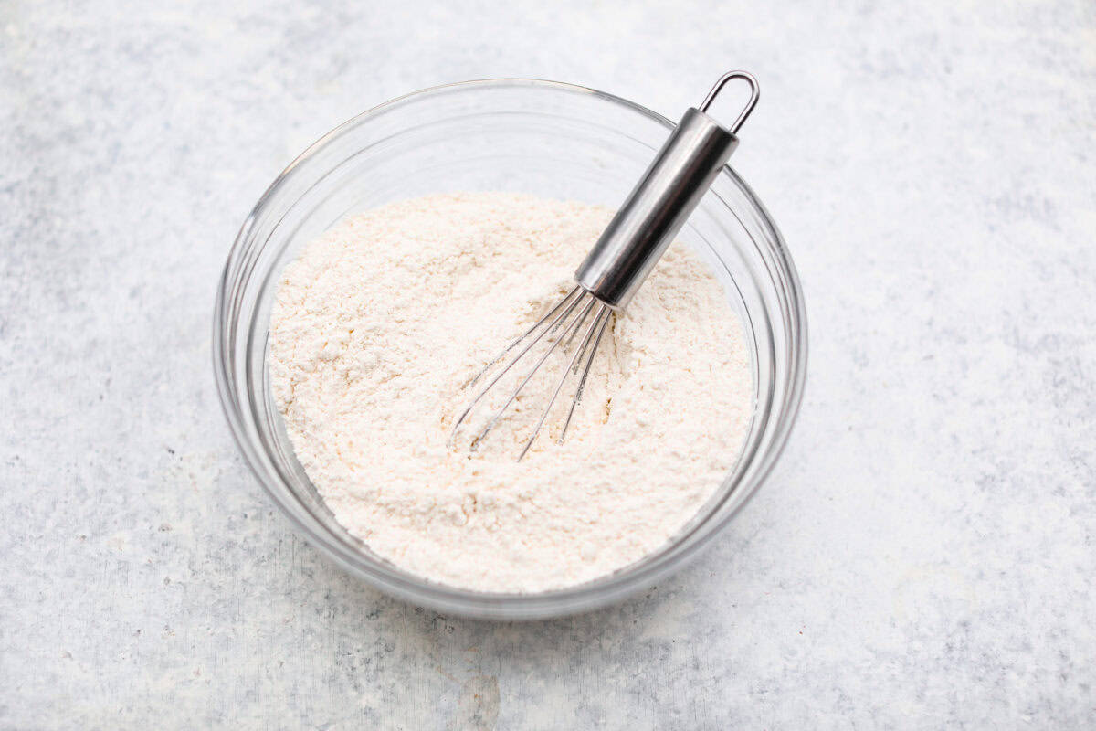 Overhead shot of the dry ingredients whisked together in a bowl. 