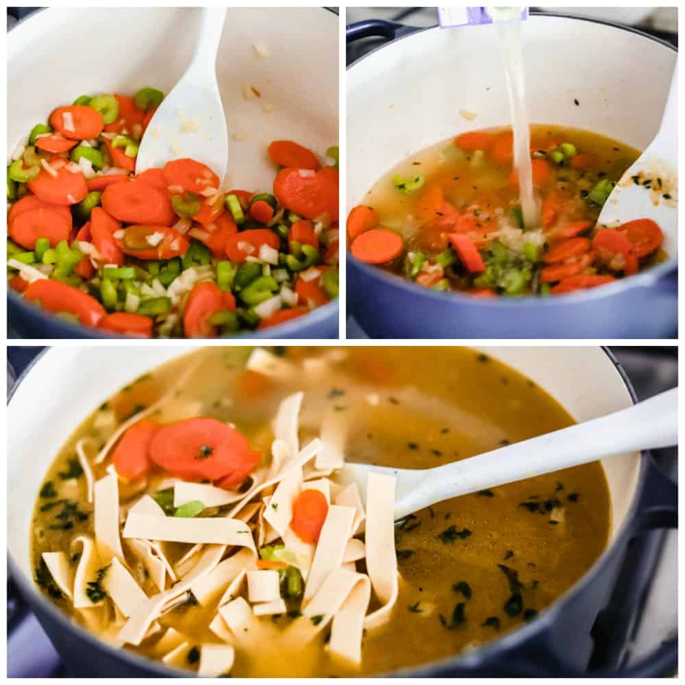 First process shot of vegetables cooking in a pot. Second process shot of broth pouring into the pot. Third process shot of noodles added to the pot. 