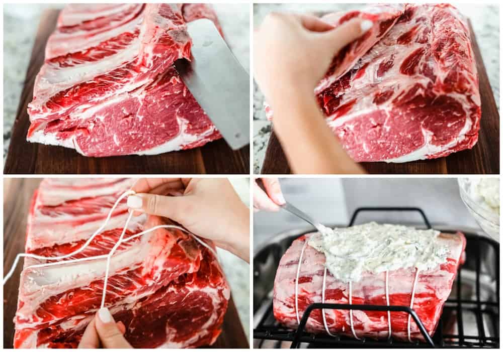 4 pictures showing how to prepare raw meat. 