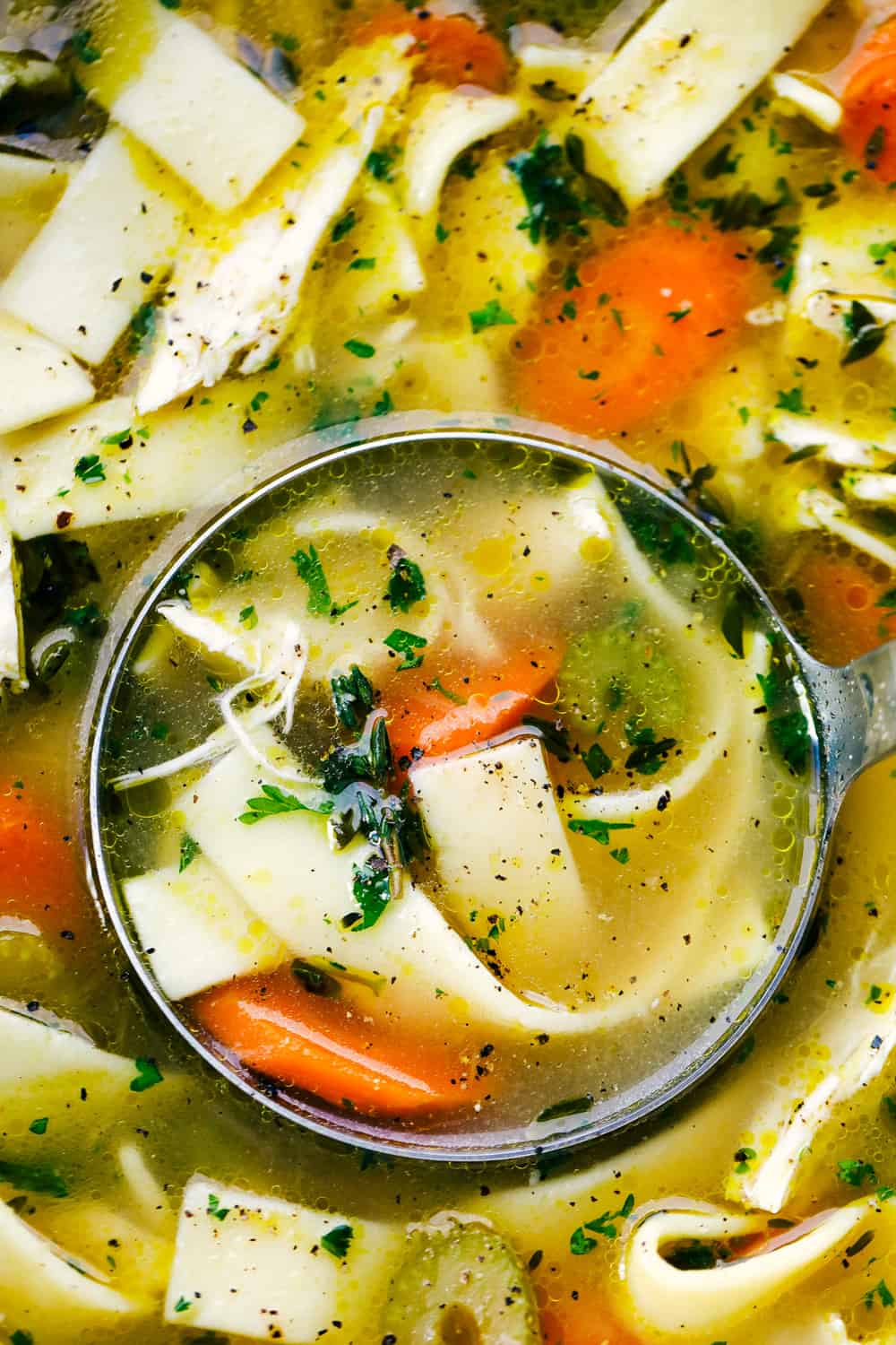 Close view of chicken noodle soup in a ladle.