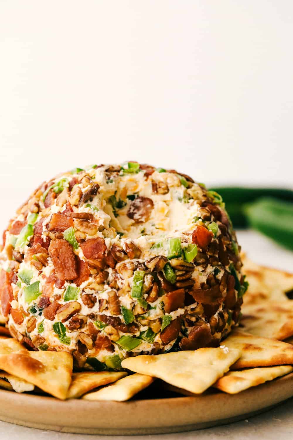 Jalapeno Bacon Cheese Ball with pita chips. 