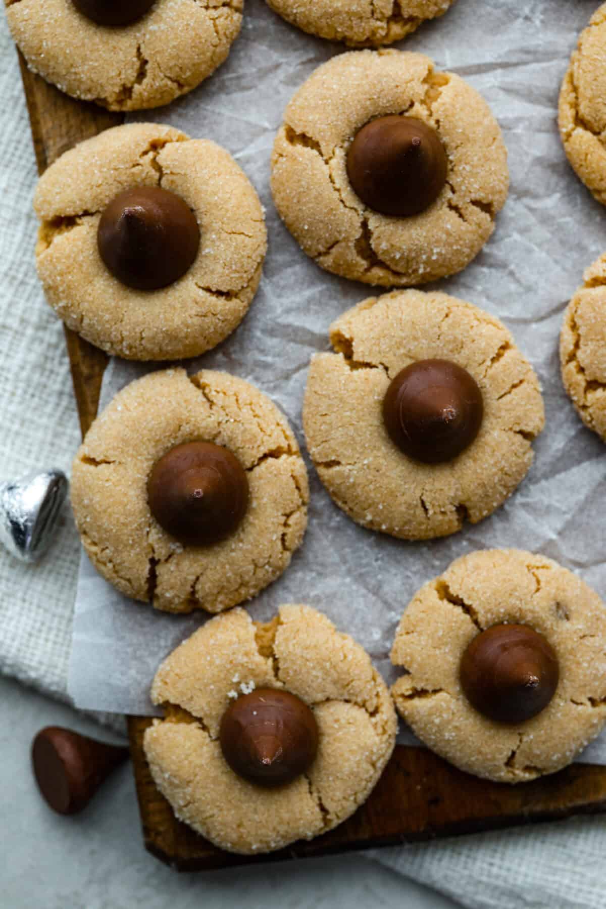 Close up shot of peanut butter blossom cookies. 