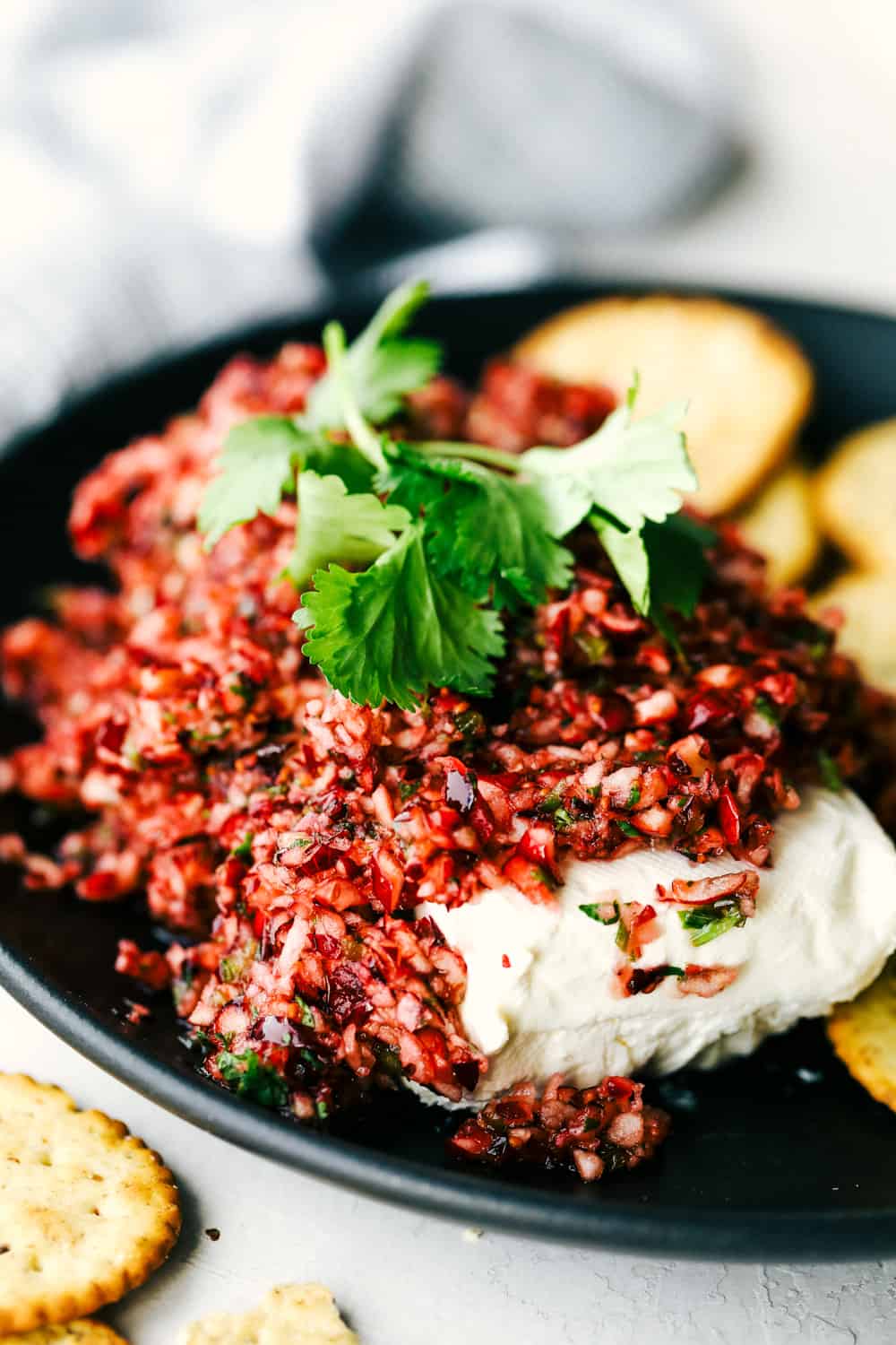 Cranberry salsa with cream cheese and crackers 