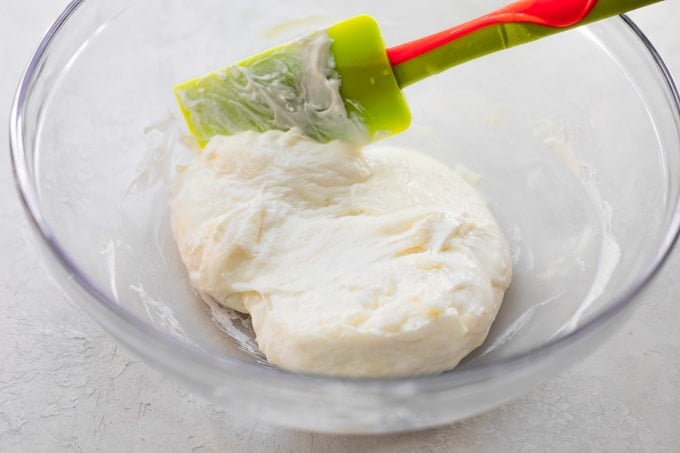 Keto pizza dough in a bowl.