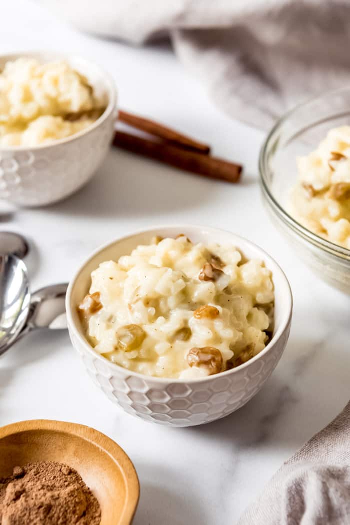 An image of a bowl of homemade rice pudding.