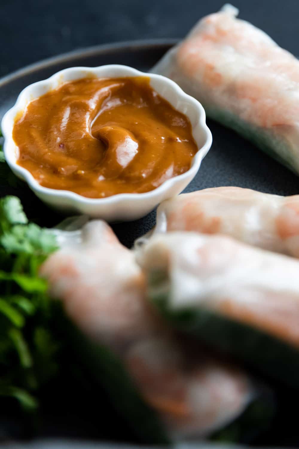 Shrimp spring rolls on a plate unclose with dipping sauce.