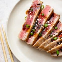 seared ahi tuna cut up and plated