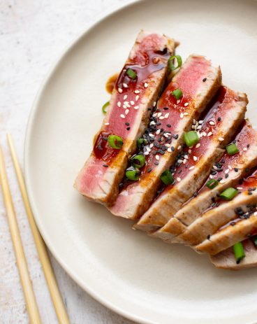 seared ahi tuna cut up and plated
