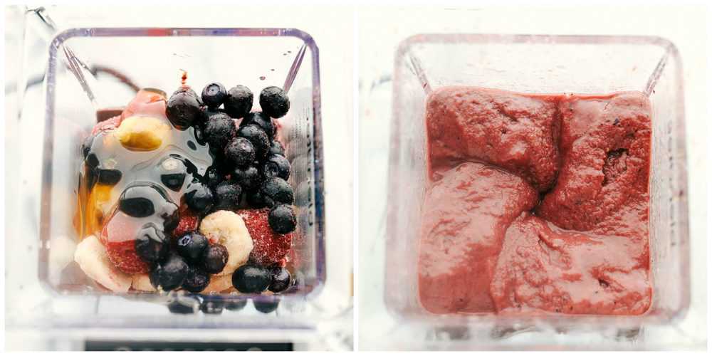 Two blenders showing the process of making the very berry acai bowl.