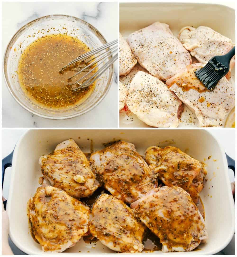 Proceso de muslo de pollo al horno con los ingredientes de la salsa batida, cepillado sobre los muslos de pollo y luego agregando ajo en la parte superior. 