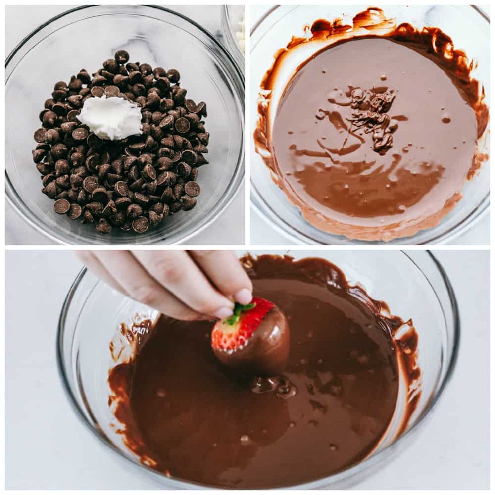 The process of melting chocolate in a glass bowl then dip the strawberries in. 